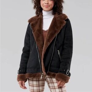 New Hollister Shearling Faux Fur/Suede Black Coat  Biker Moto NWOT  XS